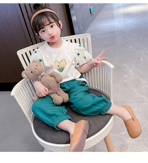 Girls Floral Print Balloon Sleeve T-Shirt Top and Capri Shorts Summer Clothing Set