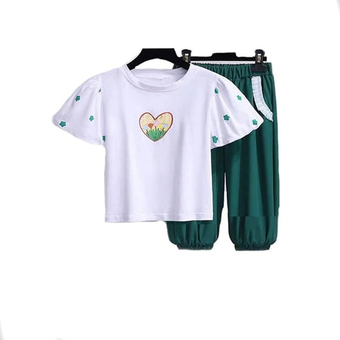 Girls Floral Print Balloon Sleeve T-Shirt Top and Capri Shorts Summer Clothing Set