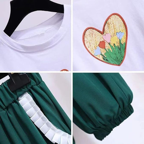 Girls Floral Print Balloon Sleeve T-Shirt Top and Capri Shorts Summer Clothing Set