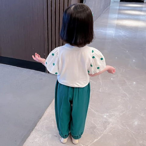 Girls Floral Print Balloon Sleeve T-Shirt Top and Capri Shorts Summer Clothing Set
