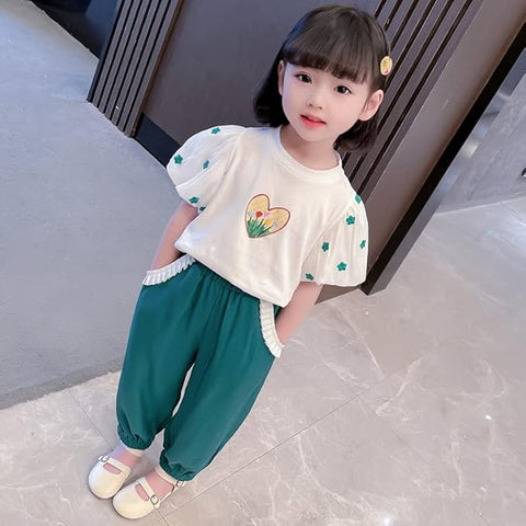 Girls Floral Print Balloon Sleeve T-Shirt Top and Capri Shorts Summer Clothing Set