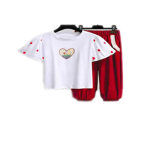 Girls Floral Print Balloon Sleeve T-Shirt Top and Capri Shorts Summer Clothing Set
