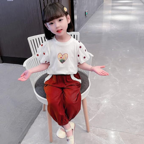 Girls Floral Print Balloon Sleeve T-Shirt Top and Capri Shorts Summer Clothing Set