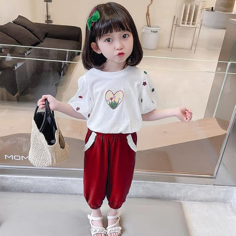 Girls Floral Print Balloon Sleeve T-Shirt Top and Capri Shorts Summer Clothing Set