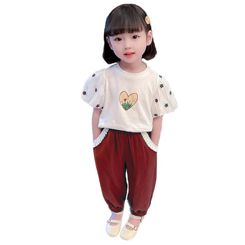Girls Floral Print Balloon Sleeve T-Shirt Top and Capri Shorts Summer Clothing Set