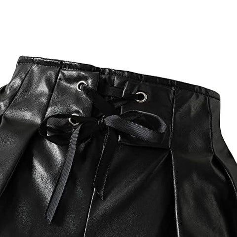 Girls Solid Puff Sleeve Luxury Fashion Top & Pu Leather Shorts Party Dress