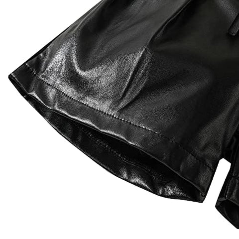 Girls Solid Puff Sleeve Luxury Fashion Top & Pu Leather Shorts Party Dress