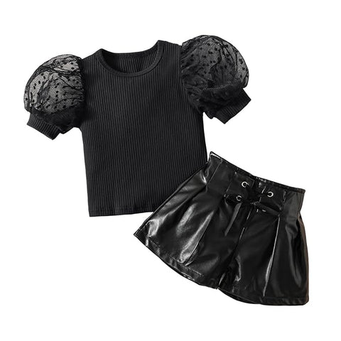 Girls Solid Puff Sleeve Luxury Fashion Top & Pu Leather Shorts Party Dress