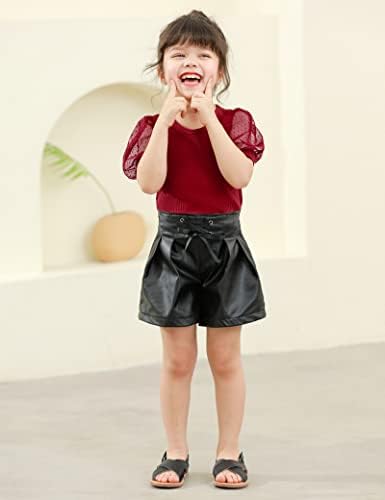 Girls Solid Puff Sleeve Luxury Fashion Top & Pu Leather Shorts Party Dress