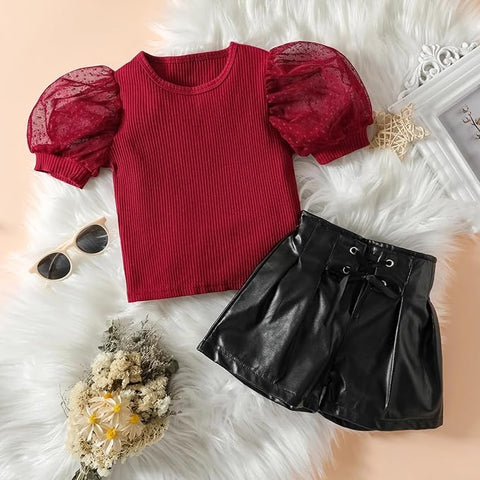 Girls Solid Puff Sleeve Luxury Fashion Top & Pu Leather Shorts Party Dress