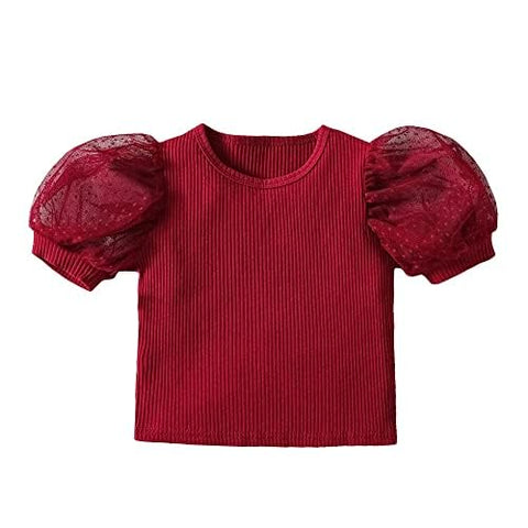 Girls Solid Puff Sleeve Luxury Fashion Top & Pu Leather Shorts Party Dress
