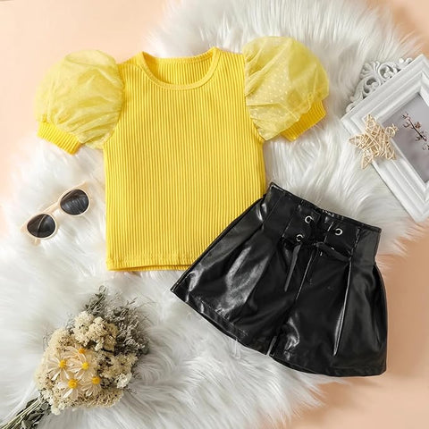Girls Solid Puff Sleeve Luxury Fashion Top & Pu Leather Shorts Party Dress