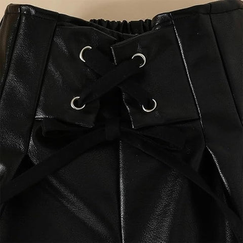 Girls Solid Puff Sleeve Luxury Fashion Top & Pu Leather Shorts Party Dress