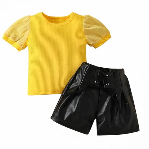 Girls Solid Puff Sleeve Luxury Fashion Top & Pu Leather Shorts Party Dress