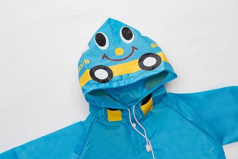Kid's Blue Bus Waterproof Raincoat Rain Jacket Suit with Hood and Storage Pouch for Young Toddler Tween School Boys and Girls