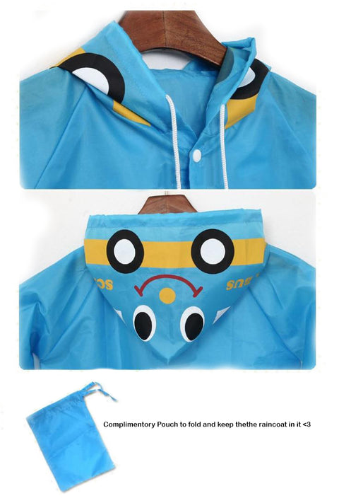 Kid's Blue Bus Waterproof Raincoat Rain Jacket Suit with Hood and Storage Pouch for Young Toddler Tween School Boys and Girls