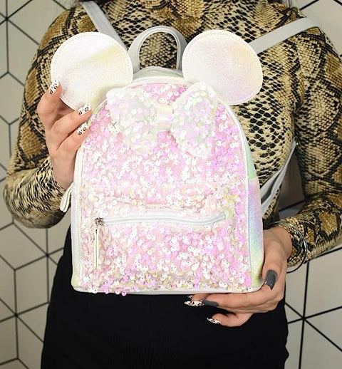 Girl’s Luxurious Shiny White Glitter Sequins Cartoon Mini Bag Backpack Party Picnic Fancy Fashion School Bag Backpack for Girls