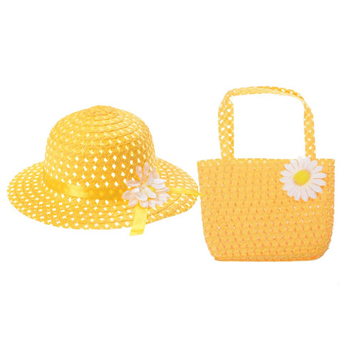 Girl's Yellow Sun Bather Nylon Straw Braid Brim Fedora Hat with Matching Handbag Summer Beach Hat and Handbag for Young Girls