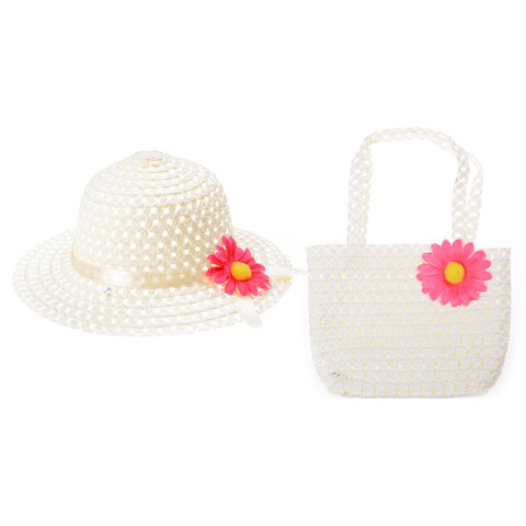 Girl's Off White Sun Bather Nylon Straw Braid Brim Fedora Hat with Matching Handbag Summer Beach Hat and Handbag for Young Girls