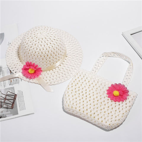 Girl's Off White Sun Bather Nylon Straw Braid Brim Fedora Hat with Matching Handbag Summer Beach Hat and Handbag for Young Girls