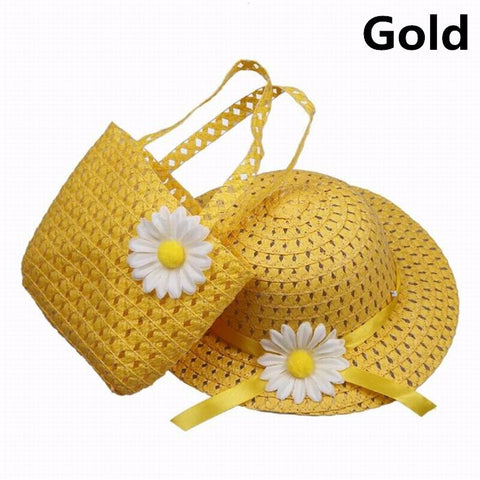 Girl's Yellow Sun Bather Nylon Straw Braid Brim Fedora Hat with Matching Handbag Summer Beach Hat and Handbag for Young Girls