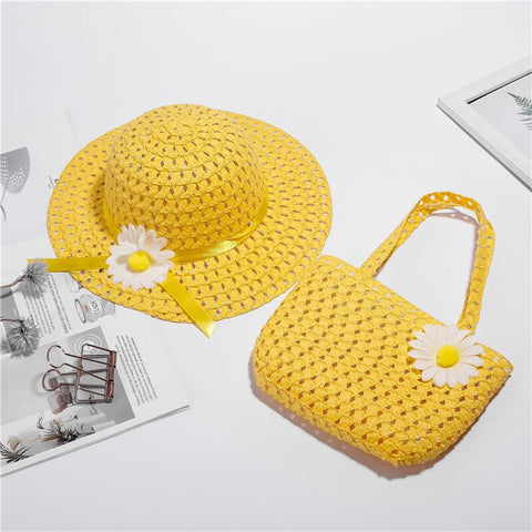 Girl's Yellow Sun Bather Nylon Straw Braid Brim Fedora Hat with Matching Handbag Summer Beach Hat and Handbag for Young Girls