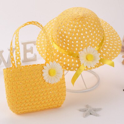 Girl's Yellow Sun Bather Nylon Straw Braid Brim Fedora Hat with Matching Handbag Summer Beach Hat and Handbag for Young Girls