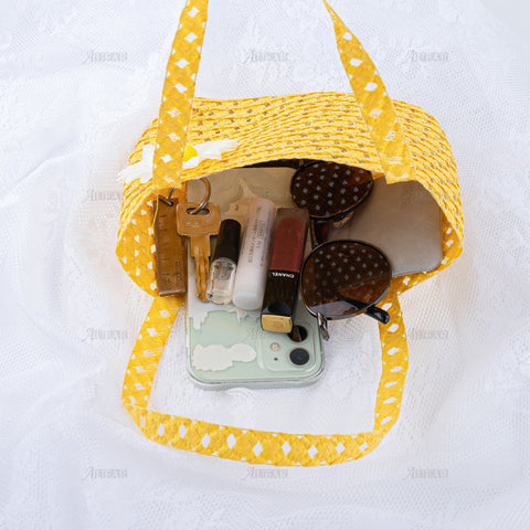 Girl's Yellow Sun Bather Nylon Straw Braid Brim Fedora Hat with Matching Handbag Summer Beach Hat and Handbag for Young Girls