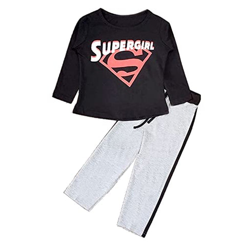 Pure Cotton Super Girl Print Full Sleeve Girls T-shirt & Lower Clothing Set for Infant Toddler Baby Girls
