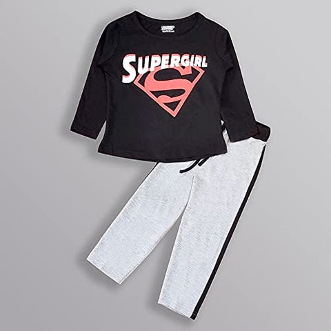 Pure Cotton Super Girl Print Full Sleeve Girls T-shirt & Lower Clothing Set for Infant Toddler Baby Girls