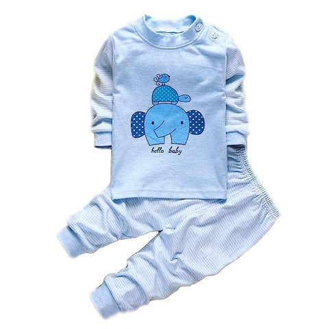 Elephant Turtle Birdie Trio Print Kid's Cute Cotton Full Sleeves T-shirt & Pajama Clothing Set for Little Boys & Girls