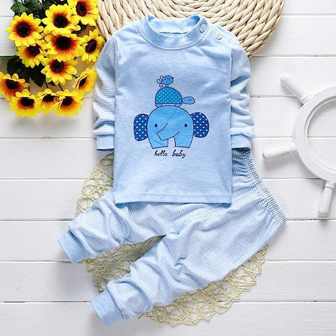 Elephant Turtle Birdie Trio Print Kid's Cute Cotton Full Sleeves T-shirt & Pajama Clothing Set for Little Boys & Girls