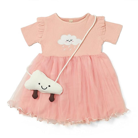 Elegant Rain Cloud Baby Girls Embroidered Party Princess Tutu Dress with Matching Sling Bag Purse