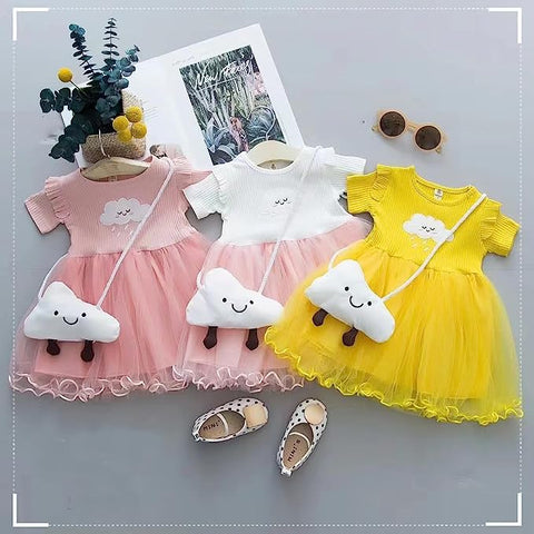 Elegant Rain Cloud Baby Girls Embroidered Party Princess Tutu Dress with Matching Sling Bag Purse