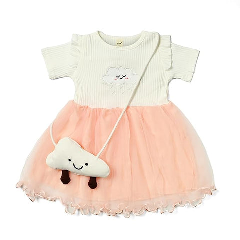 Elegant Rain Cloud Baby Girls Embroidered Party Princess Tutu Dress with Matching Sling Bag Purse