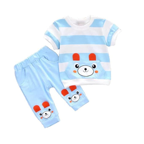 Kids Cartoon Stripe Print Cotton Half Sleeve T-shirt and Shorts Clothing Set for Infant Toddler Baby Boy Girl