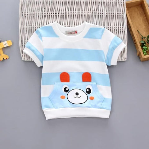Kids Cartoon Stripe Print Cotton Half Sleeve T-shirt and Shorts Clothing Set for Infant Toddler Baby Boy Girl