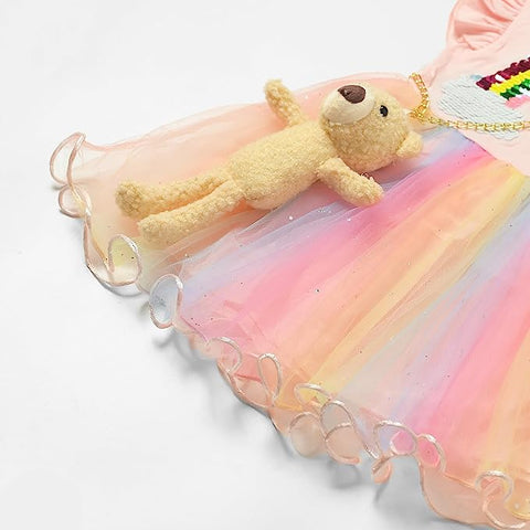 Rainbow Sparkle Sequin Glitter Party Princess Tutu Dress Frock with Teddy Sling Bag Purse for Infant Toddler Girl