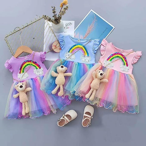 Rainbow Sparkle Sequin Glitter Party Princess Tutu Dress Frock with Teddy Sling Bag Purse for Infant Toddler Girl