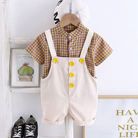 Baby Boy Classy Check Shirt with Contrast Bibshorts Dungaree Party Dress for Newborn Infant Toddler Baby Boys