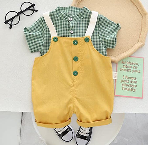 Baby Boy Classy Check Shirt with Contrast Bibshorts Dungaree Party Dress for Newborn Infant Toddler Baby Boys