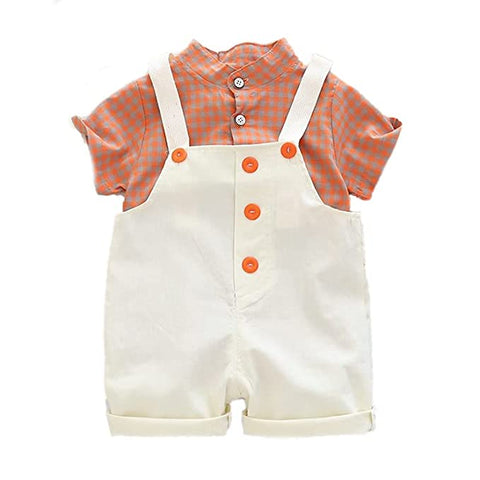 Baby Boy Classy Check Shirt with Contrast Bibshorts Dungaree Party Dress for Newborn Infant Toddler Baby Boys