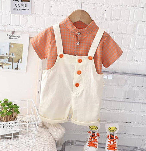 Baby Boy Classy Check Shirt with Contrast Bibshorts Dungaree Party Dress for Newborn Infant Toddler Baby Boys