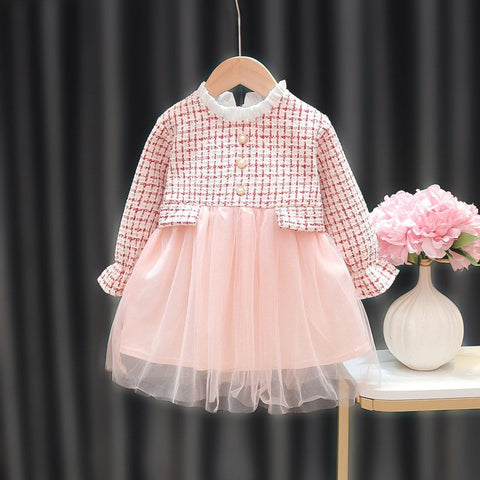 Self-Embroidered Full Sleeve Flared Mini Dress Frock for Infant Toddler Girls