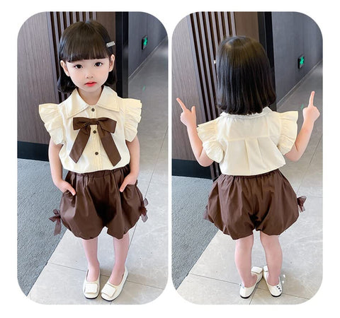 Girl's Ruffle Top Shirt with Bow and Balloon Shorts Summer Clothing Set for Infants & Toddlers