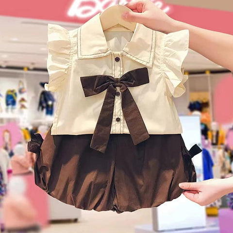 Girl's Ruffle Top Shirt with Bow and Balloon Shorts Summer Clothing Set for Infants & Toddlers
