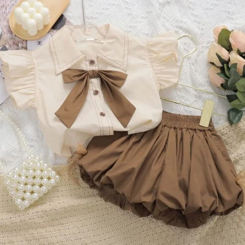 Girl's Ruffle Top Shirt with Bow and Balloon Shorts Summer Clothing Set for Infants & Toddlers