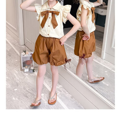 Girl's Ruffle Top Shirt with Bow and Balloon Shorts Summer Clothing Set for Infants & Toddlers