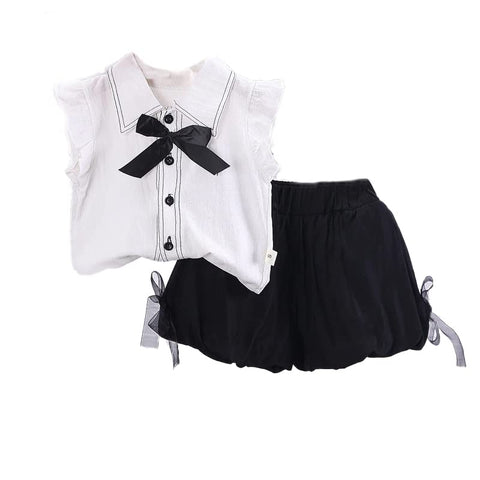 Girl's Ruffle Top Shirt with Bow and Balloon Shorts Summer Clothing Set for Infants & Toddlers