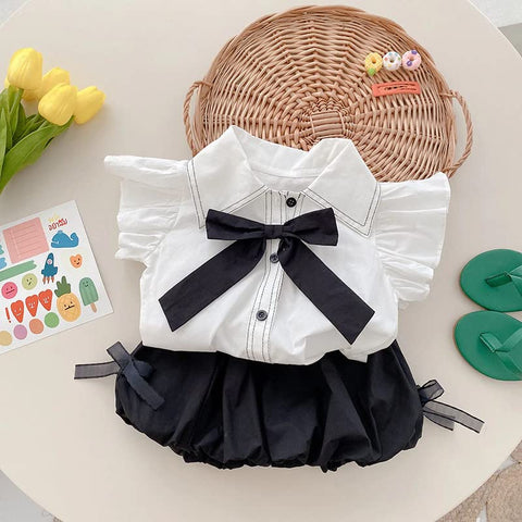 Girl's Ruffle Top Shirt with Bow and Balloon Shorts Summer Clothing Set for Infants & Toddlers